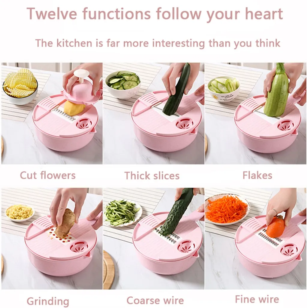12 In 1 Gemüseschneider, Multifunktional Reibe, Allesschneider Zerkleinerer, Manuell Geschnitten, Rosa 8 12 In 1 Gemüseschneider, Multifunktional Reibe, Allesschneider Zerkleinerer, Manuell Geschnitten, Rosa – Bild 8
