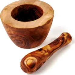 Mörser Und Stößel Aus Olivenholz, Glatter Rand 10 Cm