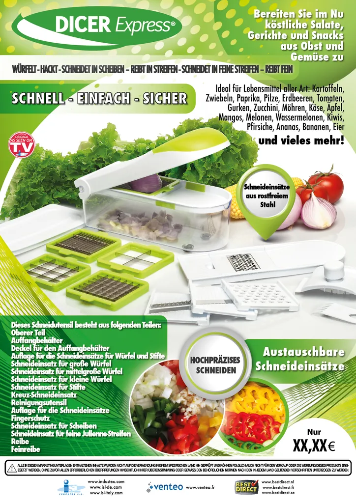 Dicer Express - Multifunktionales Gemüse- Und Obstschneider, 15 Teiliges Set Mit Fingerschutz, Alles-Schneider- Original Aus Der TV Werbung 10 Dicer Express - Multifunktionales Gemüse- Und Obstschneider, 15 Teiliges Set Mit Fingerschutz, Alles-Schneider- Original Aus Der TV Werbung – Bild 10