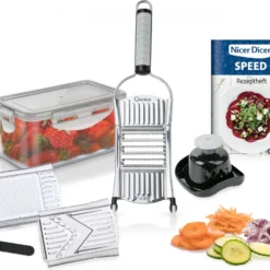 Genius Nicer Dicer Speed Set 9-tlg Multihobel - Verstellbarer V Hobel Mit 3 Einsätzen, Schneidguthalter & Auffangbehälter 550ml; A34224