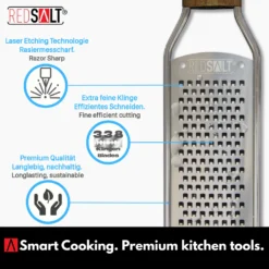 REDSALT® Premium Zester Edelstahl Reibe Mit Holzgriff | Rasiermesserscharfe Klinge | Küchenreibe Für Zitrone Ingwer Muskatnuss | Parmesanreibe Ingwerreibe Zitronenreibe Käsereibe -Herd Gluck Verkäufe 64bfb9805edf81a99e4c3de29bbca386