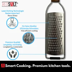 REDSALT® Premium Parmesanreibe Mit Holzgriff | Rasiermesserscharfe Profi Julienne Edelstahl Reibe Für Feine Gemüsestreifen Karotte Zucchini Kartoffel Obst Apfel | Küchenreibe Hobel Raspel Für Käse -Herd Gluck Verkäufe 6eddfb5daf515bd642f5412276eeeb87