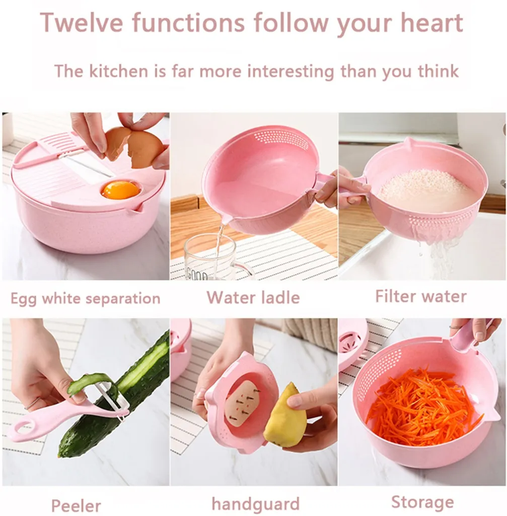 12 In 1 Gemüseschneider, Multifunktional Reibe, Allesschneider Zerkleinerer, Manuell Geschnitten, Rosa 9 12 In 1 Gemüseschneider, Multifunktional Reibe, Allesschneider Zerkleinerer, Manuell Geschnitten, Rosa – Bild 9