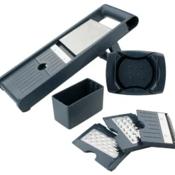 Fackelmann Gemüsehobel #easyprepare, Hochwertiger Gemüseschneider, Mandoline Mit 4 Verschiedenen Schneideinsätzen, Stabiler Küchenhobel Mit Aufbewahrungsbehälter (Farbe: Blau / Grau), 1 X 6 Teile