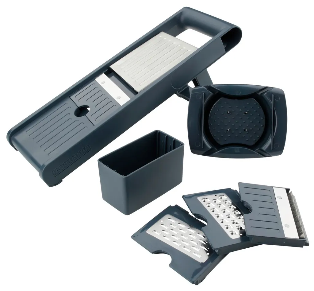 Fackelmann Gemüsehobel #easyprepare, Hochwertiger Gemüseschneider, Mandoline Mit 4 Verschiedenen Schneideinsätzen, Stabiler Küchenhobel Mit Aufbewahrungsbehälter (Farbe: Blau / Grau), 1 X 6 Teile 1 Fackelmann Gemüsehobel #easyprepare, Hochwertiger Gemüseschneider, Mandoline Mit 4 Verschiedenen Schneideinsätzen, Stabiler Küchenhobel Mit Aufbewahrungsbehälter (Farbe: Blau / Grau), 1 X 6 Teile