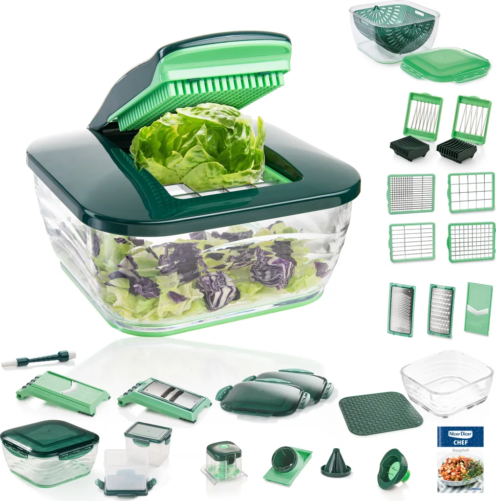 Genius Nicer Dicer Chef 37-tlg Set Gemüseschneider Inkl. 3 In 1 Siebschüssel; A81893 1 Genius Nicer Dicer Chef 37-tlg Set Gemüseschneider Inkl. 3 In 1 Siebschüssel; A81893