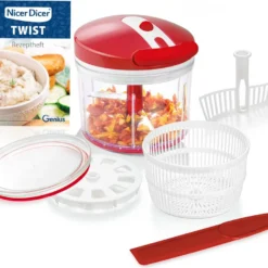Genius Nicer Dicer Twist Universalzerkleinerer 9-tlg Rot - Gemüseschneider Manuell Mit Seilzug, Salatschleuder & Sieb 1000ml; A29188
