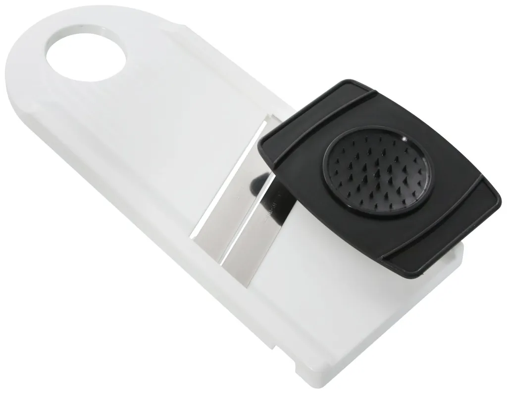 Fackelmann Gemüsehobel Mit Restehalter, Gemüseschneider Mit 2 Edelstahl-Klingen, Hochwertiger Gurkenhobel (Farbe: Weiß/Schwarz), Menge: 1 Stück 1 Fackelmann Gemüsehobel Mit Restehalter, Gemüseschneider Mit 2 Edelstahl-Klingen, Hochwertiger Gurkenhobel (Farbe: Weiß/Schwarz), Menge: 1 Stück